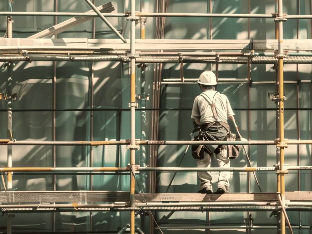 建設現場の足場で作業するスタッフ